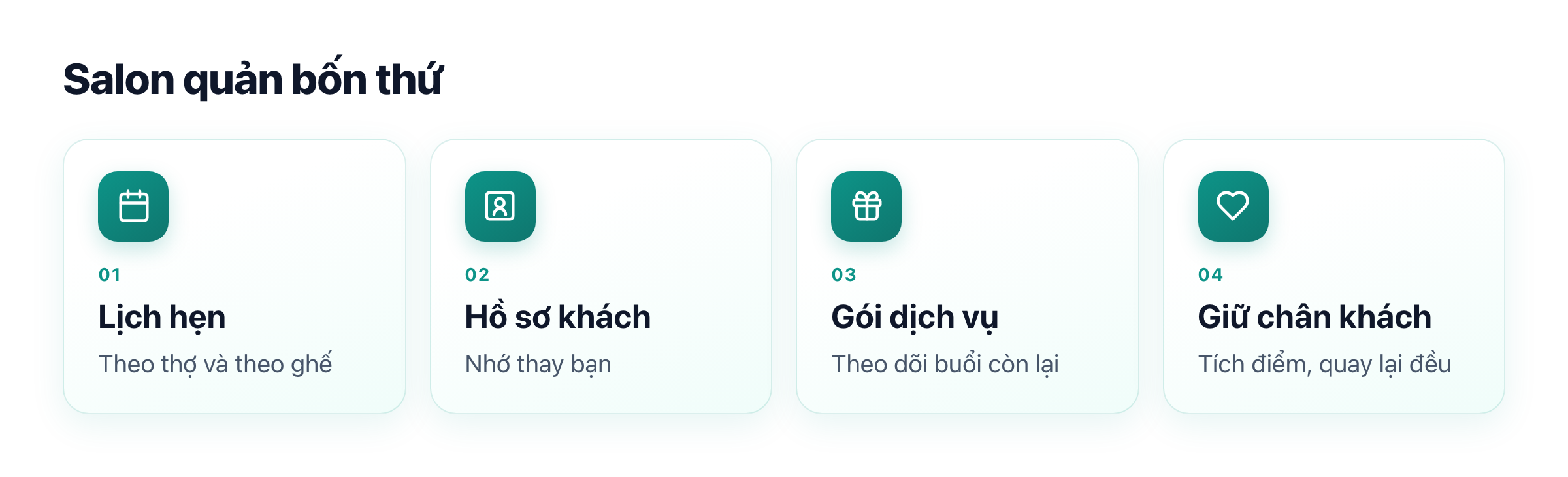 Salon quản bốn thứ: lịch hẹn theo thợ và ghế, hồ sơ khách, gói dịch vụ, giữ chân khách
