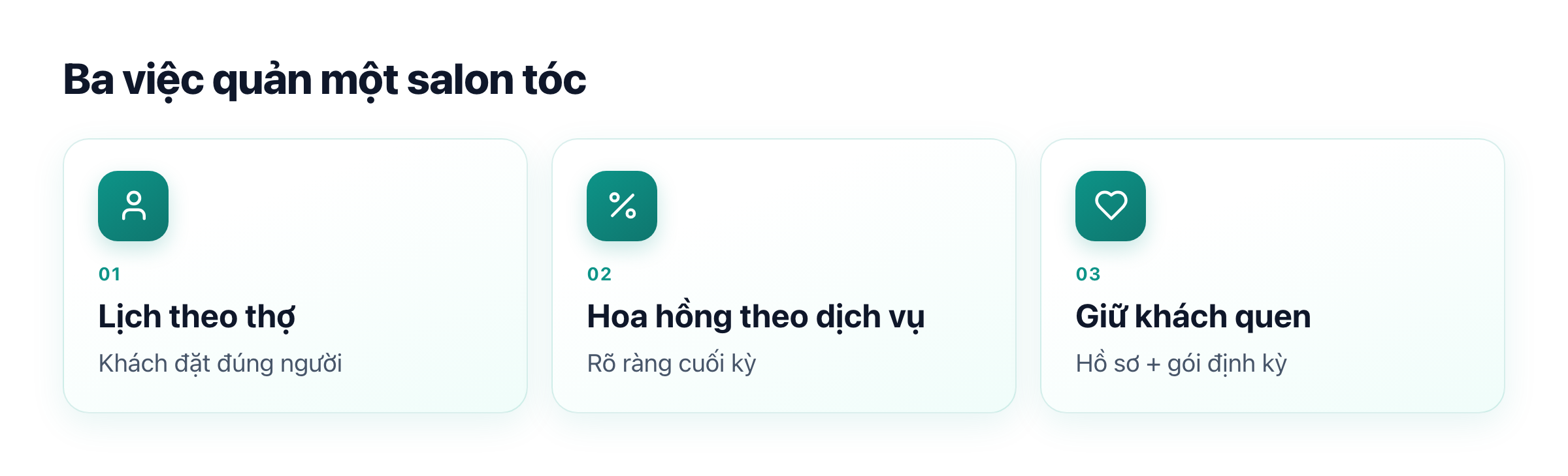 Ba việc quản lý salon tóc: lịch theo từng thợ, hoa hồng theo dịch vụ, giữ khách quen quay lại