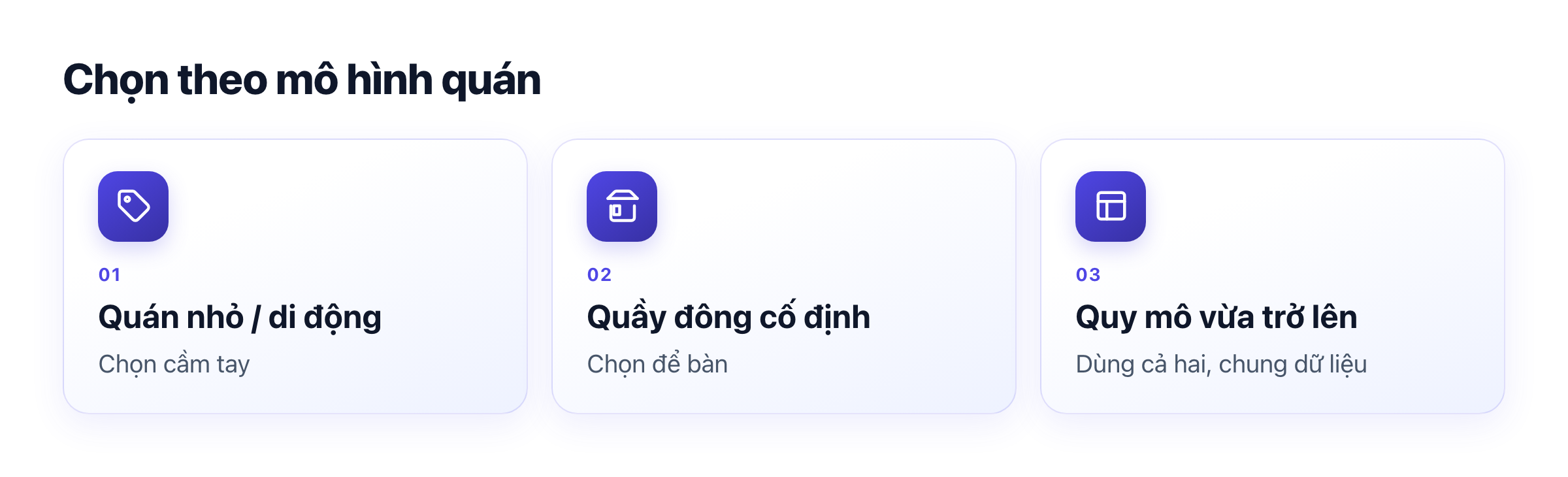 Gợi ý chọn thiết bị theo mô hình: quán nhỏ/di động dùng cầm tay, quầy đông dùng để bàn, quy mô vừa dùng cả hai