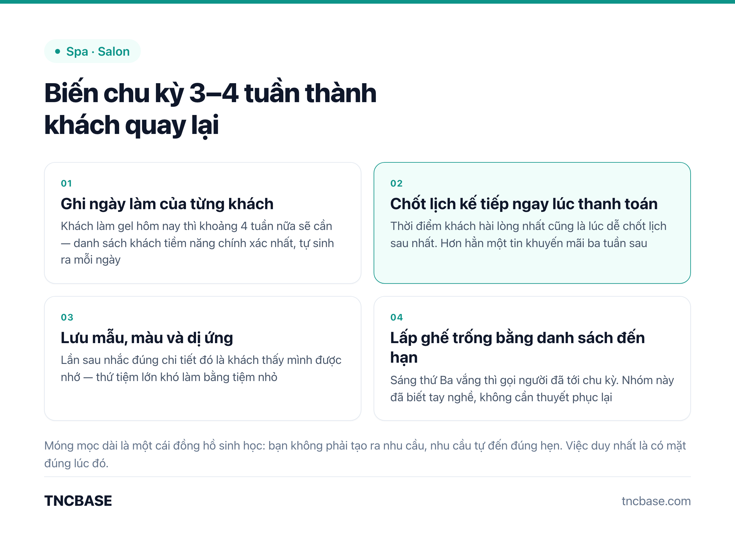 Bốn việc biến chu kỳ ba đến bốn tuần của nghề nail thành khách quay lại đều đặn
