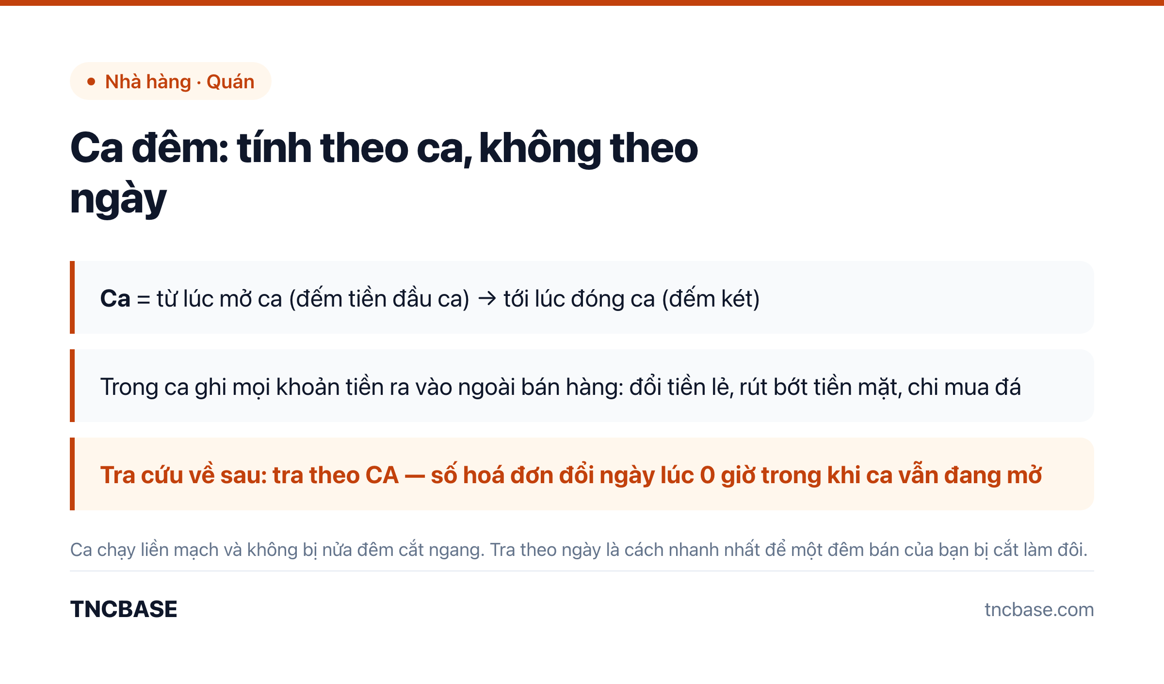 Cách tính ca đêm cho quán bar: ca chạy từ lúc mở tới lúc đóng, tra cứu theo ca thay vì theo ngày
