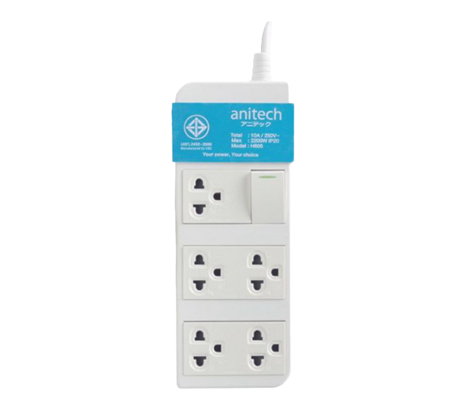 Anitech standard power socket 5 outlets 1 switch,Power up to 2,200 W,250V (H605-GY) 3M Gray