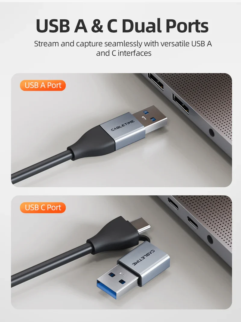 CABLETIME HDMI Female To USB A + USB C 3.0 Video Capture Card with 100W for PS4 live streaming (CT-ACHC3P-AG) 2Y