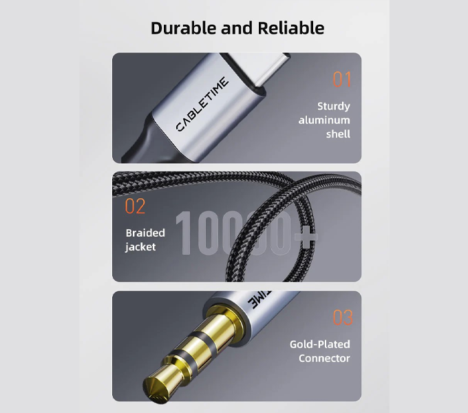 CABLETIME Cable 1M USB-C to 3.5mm Audio Cable with chipset Audio Jack Cable Car Auxiliary(M:CF16H)