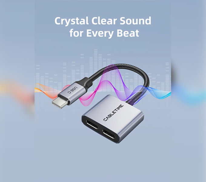 CABLETIME USB C Splitter 2-in-1 USB C to Dual USB C Headphone and Charger Adapter (CT-CMCC-AG)(2Y)