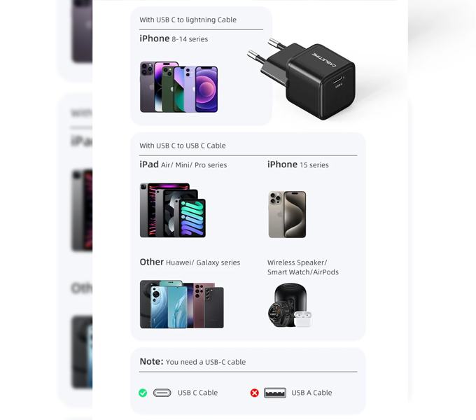 CABLETIME European 20w USB C GaN Wall Fast Charger for iPhone /ipad/ other (GA20B)(CT-GAN20-PB) 2Y