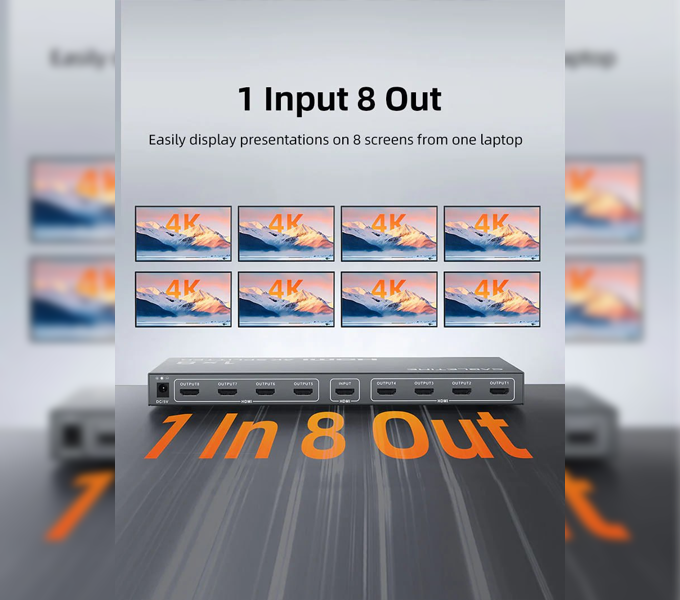 CABLETIME 4K 1x8 HDMI Splitter Distribution Multiple Displays (CT-HSP4K18-FG) 2Y