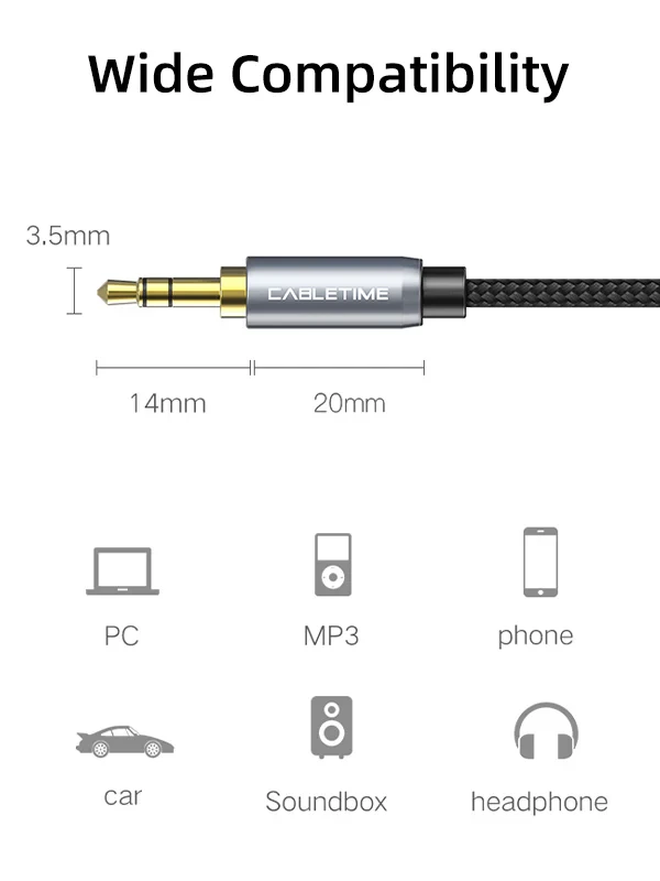 CABLETIME Cable3M Premium Stereo3.5mm1/8" Male To Stereo 3.5mm1/8" Female Aux Audio Extension 2Y