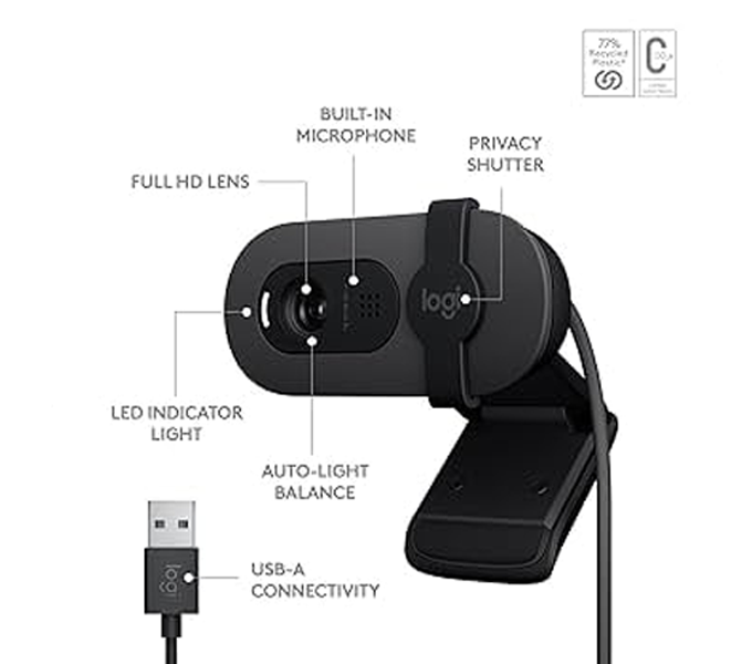 Webcam LOGITECH BRIO 100 FHD 1080p Webcam auto-light balance privacy shutter- GRAPHITE(960-001587)1Y