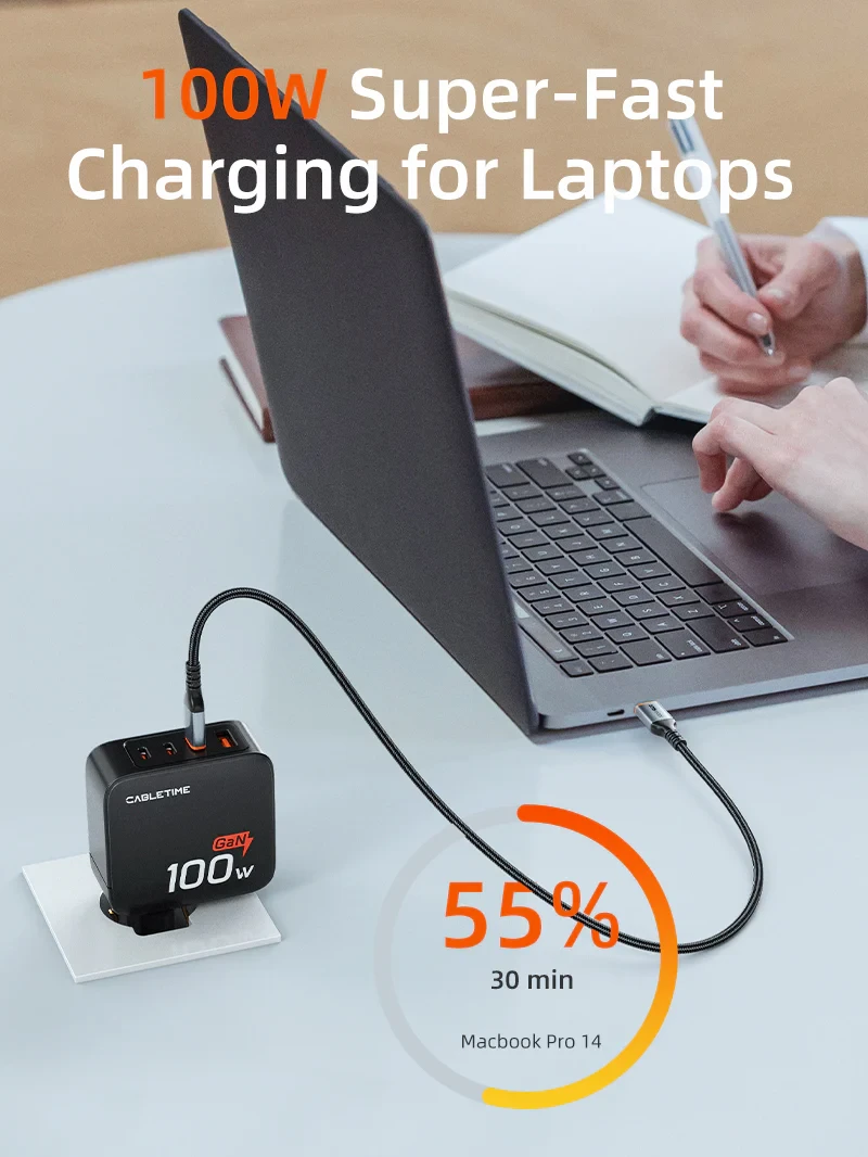 CABLETIME  100W 4 Port USB GaN Wall Charger European for Laptop Apple MacBook Dell (CT-GAN100-PB) 2Y