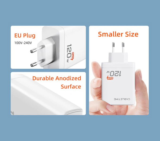 CABLETIME 120W 4 Port USB GaN Wall Charger European (CT-GAN120-PW)(2Y)