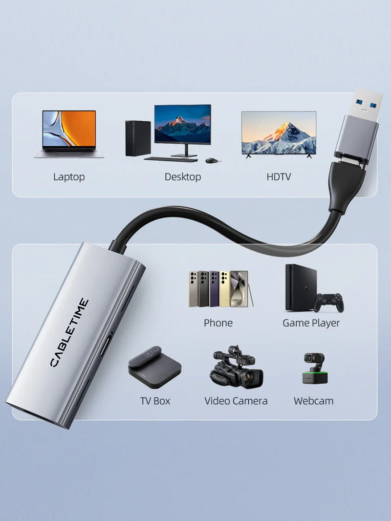 CABLETIME HDMI Female To USB A + USB C 3.0 Video Capture Card with 100W for PS4 live streaming (CT-ACHC3P-AG) 2Y