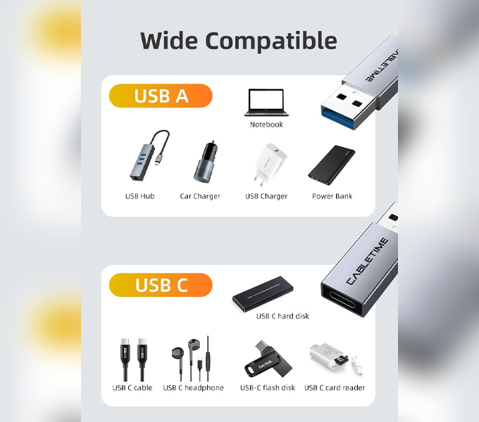 CABLETIME USB3.0  A Male to USB -C Female OTG adapter.Aluminium(CP77G)(CT-C160-PU33-CFAM(OTG)-AS)2Y