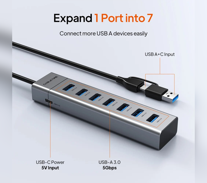 CABLETIME Cable 1M 7-IN-1 USB-A to USB 3.0 HUB(CB59G) (CT-HUBUA7-AG)2Y