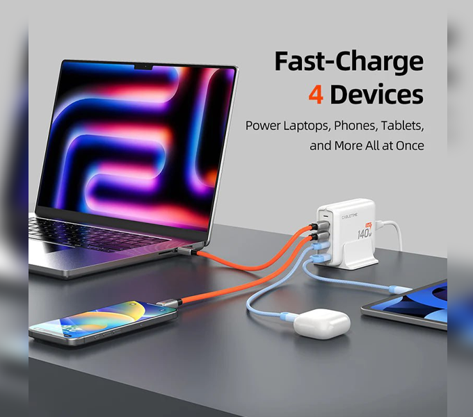 CABLETIME 140W GaN USB C & A Charging Station 4 IN 1 Desk Charger (M:G14WE)(CT-GAN140-PWE)(2Y)