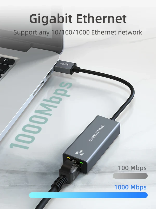 CABLETIME Gigabit Ethernet USB 3.0 Male to RJ45 Female Adapter 1000Mbps (CT-AML1000-AG) 2Y