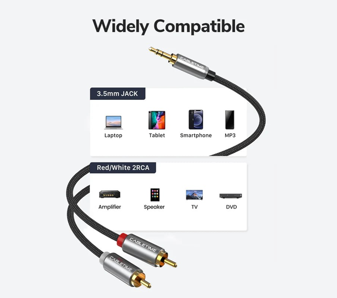 CABLETIME Cable 5M Premium Stereo 3.5mm 1/8" to 2RCA Splitter Y Audio Cable (M:CF13P)