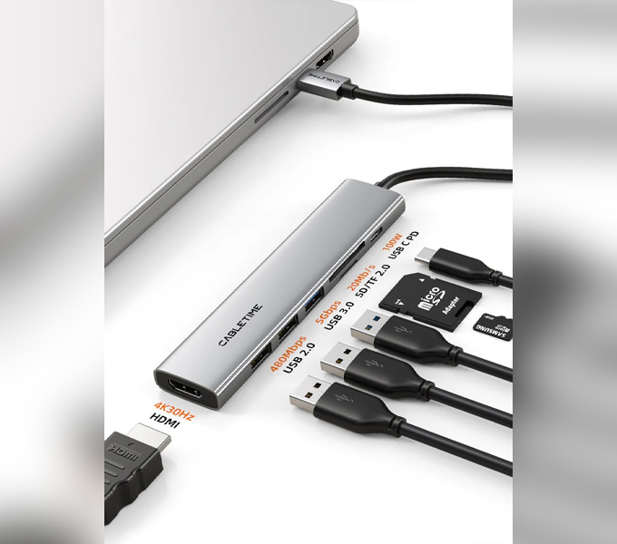 CABLETIME 7-in-1 USB-C hub Ultra Slim Aluminum Multiport for MacBook Pro (M:HB02G) (2Y)