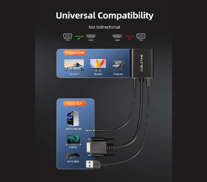 CABLETIME VGA to HDMI Monitor Adapter Converter with USB Audio & Power (M: CP54B)