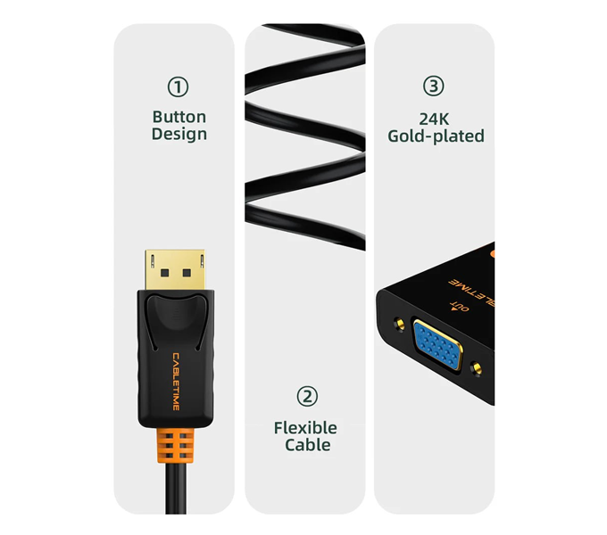 CABLETIME DisplayPort to VGA Adapter Cable, Video SUPPORT 1080p/60HZ Black PVC Jacket 0.2M(M: CP25B)