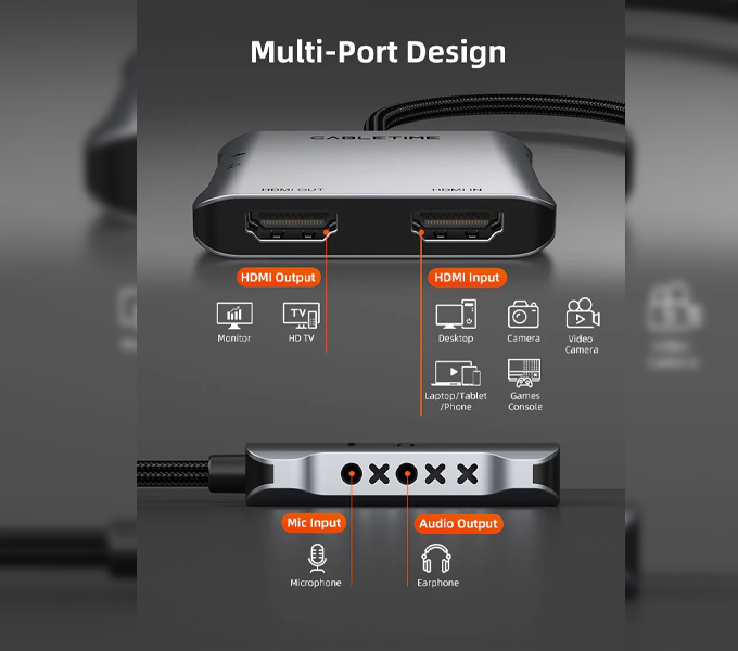 CABLETIME USB 3.0 A+C to HDMI Capture Card with 4K Loop out Streaming Gamming (CB67G)(CT-ACHC3L-AG)2Y