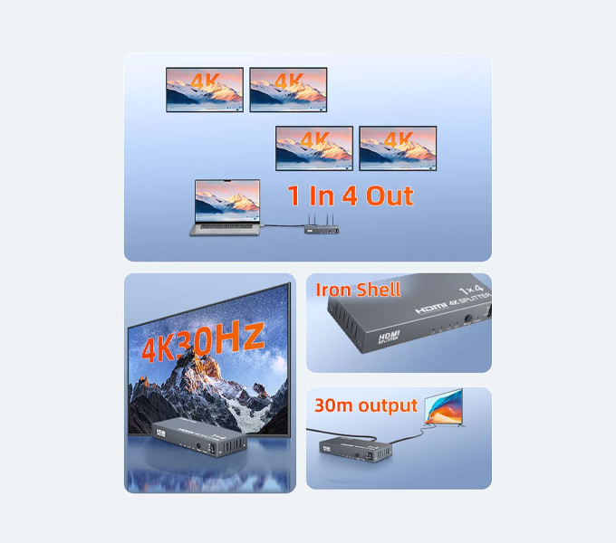 CABLETIME 4K 1x4 HDMI 1.4 Splitter for Multiple Monitors TV (CP38G) (CT-HSP4K14-FG) 2Y