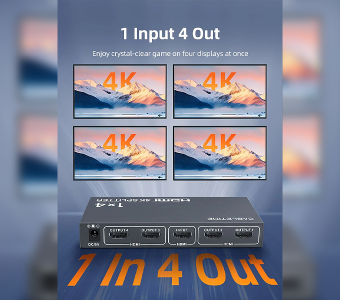 CABLETIME 4K 1x4 HDMI 1.4 Splitter for Multiple Monitors TV (CP38G) (CT-HSP4K14-FG) 2Y