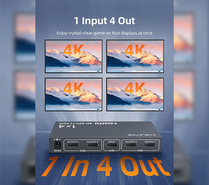CABLETIME 4K 1x4 HDMI Splitter for Multiple Monitors TV (CT-HSP4K14-FG) 2Y