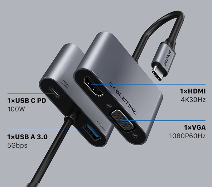 CABLETIME USB Type C to HDMI VGA Adapter 4 IN 1 Hub (CB41G) (CT-C160-PU31-CMHV-S0.15) 2Y