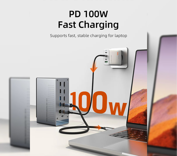 CABLETIME Three Monitor 16-in-1 USB Type C Docking Station with SSD Enclosure (CB18G)(CT-DK181-AG)2Y