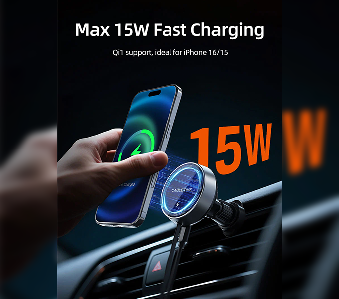 CABLETIME Wireless Charger Car Hold with PD 20W Charging Retractable Cable (CT-WPH02-PG) 2y