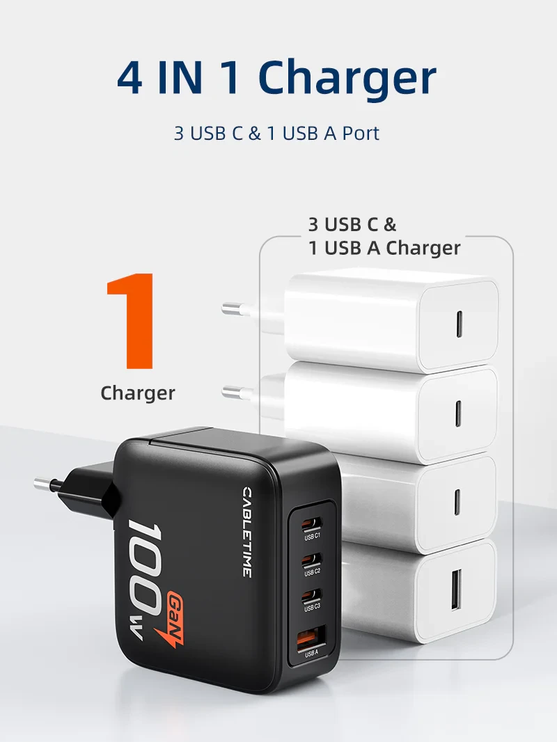 CABLETIME  100W 4 Port USB GaN Wall Charger European for Laptop Apple MacBook Dell (CT-GAN100-PB) 2Y