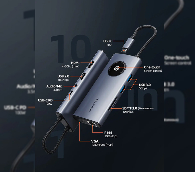 CABLETIME 10 In 1 Multi USB C Hub Adapter 4K with VGA and HDMI Ethernet (CB91G) (CT-HUBL2-AG) 1Y