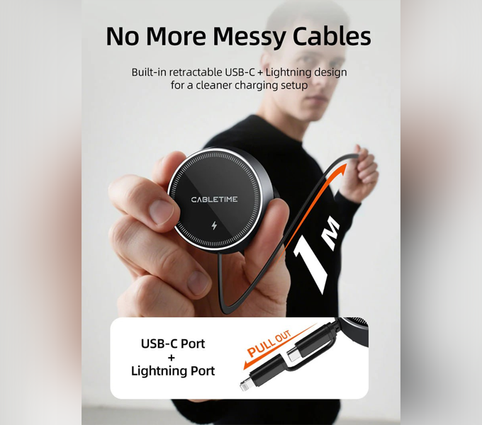 CABLETIME 2-IN-1 Magnetic Wireless Car Charger with PD20W/Wireless15W (CE13B) (CT-WPH02-PG) 2Y