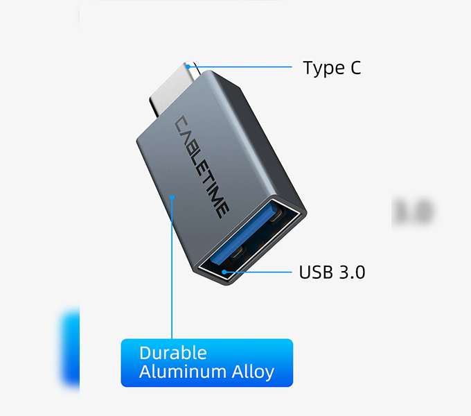 CABLETIME OTG adapter Aluminum 10Gbps USB3.2 USB-C Male to USB -A Female (CT-CMAF10-AG) 2Y