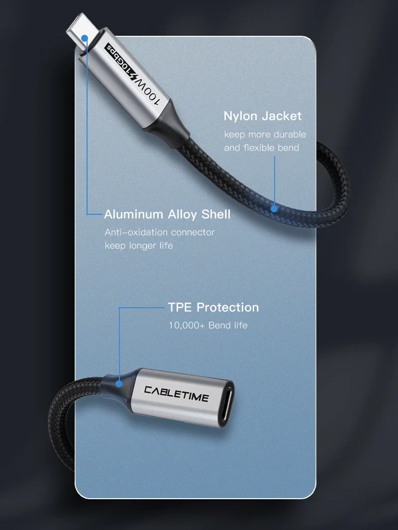 CABLETIME Cable 1M 100w 3.1 Gen 2 USB-C Male to USB-C Female (CT-CMCF100-GEN2-AG1) 2Y