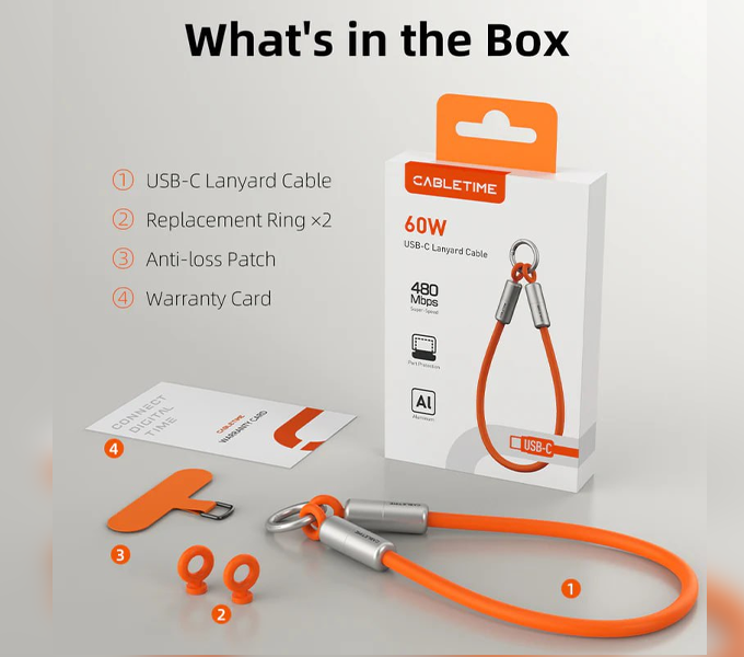 CABLETIME PD60W Wrist Lanyard USB-C Keychain Charging Cable 480Mbps (CU46G)(CT-CL60-ASG)(2Y)