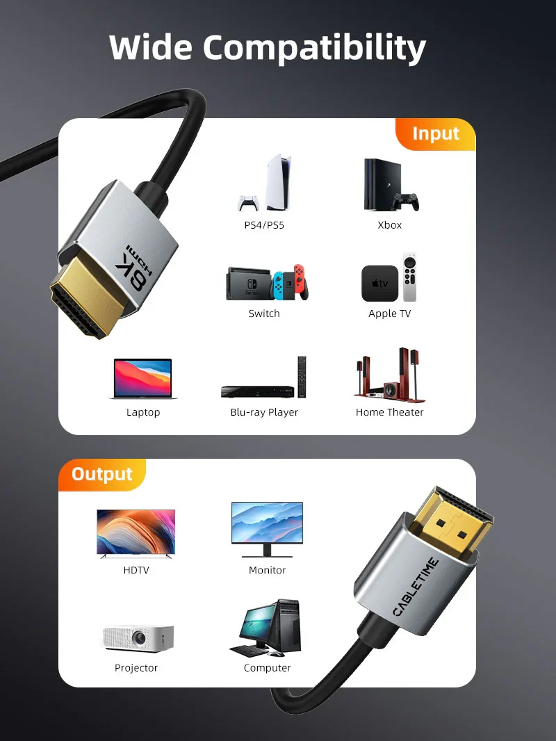 CABLETIME Cable 2M 8K 60HZ Ultra Slim HDMI 2.1 Cable 3.8mm for PS5/Xbox  (CT-SHD8K-AG2) 2Y