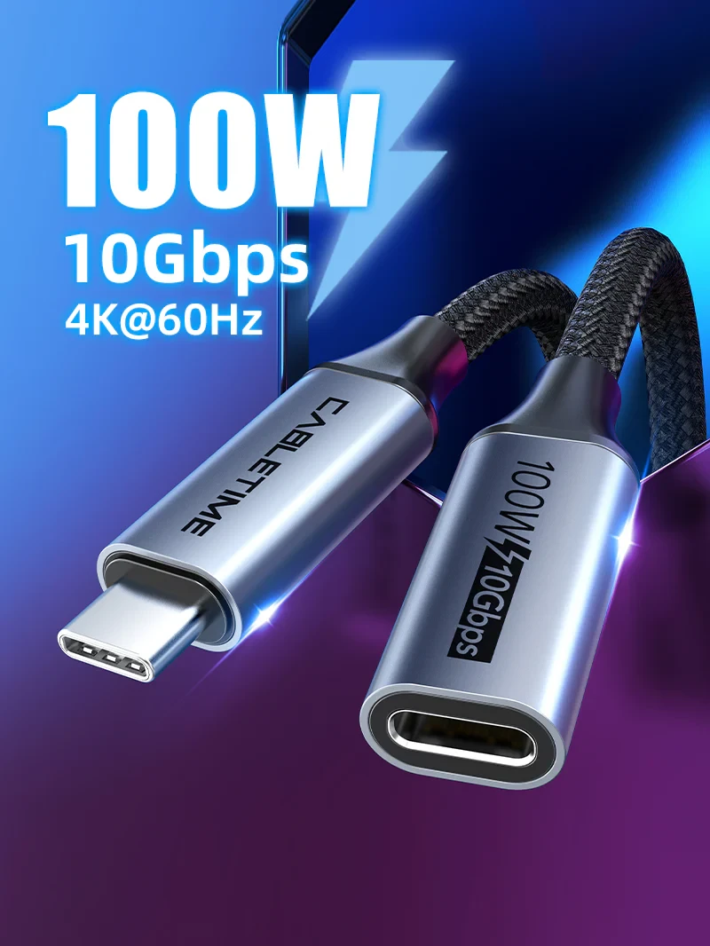 CABLETIME Cable 1M 100w 3.1 Gen 2 USB-C Male to USB-C Female (CT-CMCF100-GEN2-AG1) 2Y