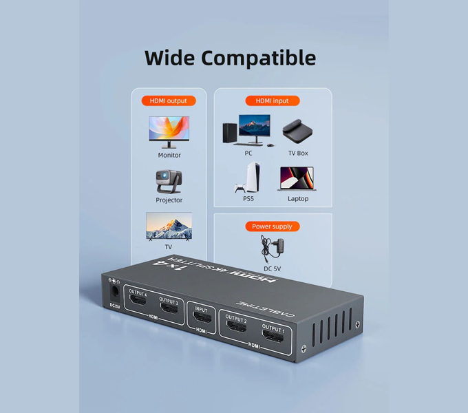 CABLETIME 4K 1x4 HDMI 1.4 Splitter for Multiple Monitors TV (CP38G) (CT-HSP4K14-FG) 2Y