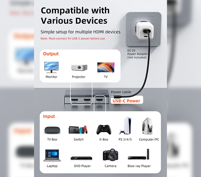 CABLETIME  4K 60Hz HDMI 2.0 Switch 2 In 1 Out Bi-direction (CT-HSP4K2-AG) 2Y