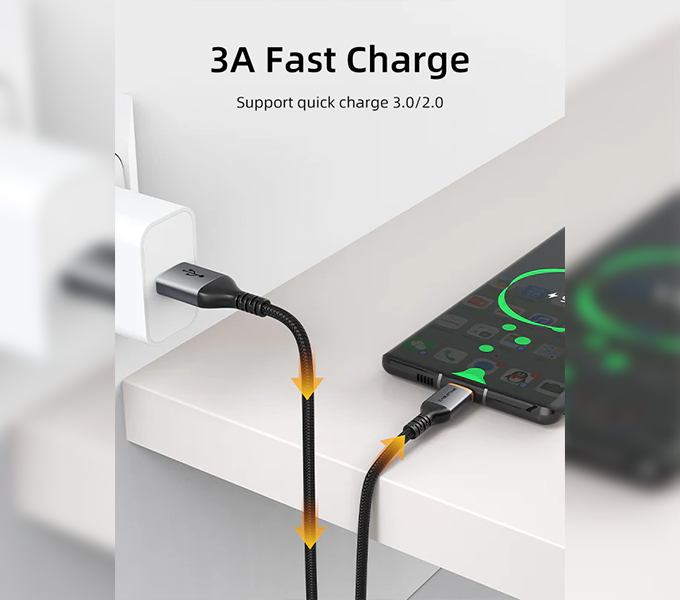 CABLETIME Cable 2M 3A USB-A to USB-C Fast Charge Cable 2.0 ,  Nylon Jacket (CT-AMCM3A-AG2) 2Y