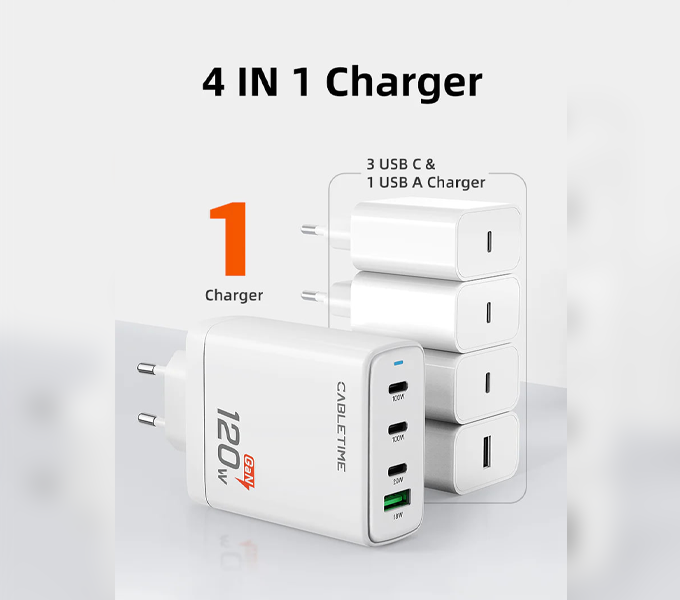 CABLETIME 120W 4 Port USB GaN Wall Charger European (CT-GAN120-PW)(2Y)