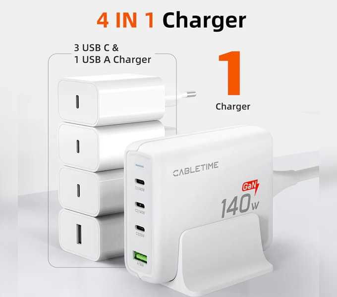 CABLETIME 140W GaN USB C & A Charging Station 4 IN 1 Desk Charger (M:G14WE)(CT-GAN140-PWE)(2Y)