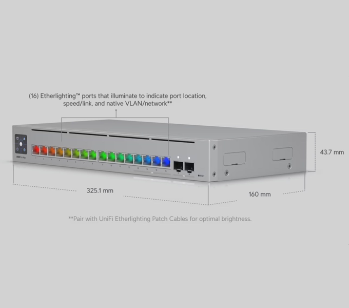 Ubiquiti UniFi Layer 3 Etherlighting switch with 8 (12) GbE, (4) 2.5 GbE, and (2)(USW-Pro-Max-16-EU)