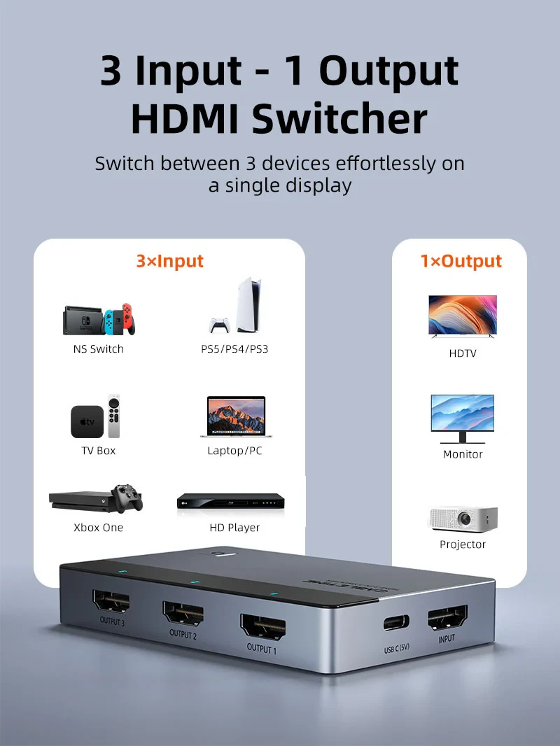 CABLETIME HDMI Switcher 3-IN-1 4K60Hz with Remote Control Manual forPS5 PS4 Xbox Fire (CT-HS4K3-AG)2Y