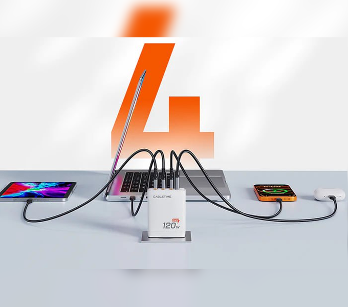 CABLETIME 120W 4 Port USB GaN Wall Charger European (CT-GAN120-PW)(2Y)