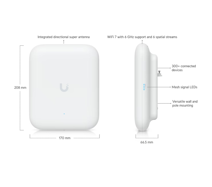 Ubiquiti U7 Pro Outdoor-All-weather IP67 WiFi 7 AP-extended-range AFC 6GHz (Powe: POE+) 1Y