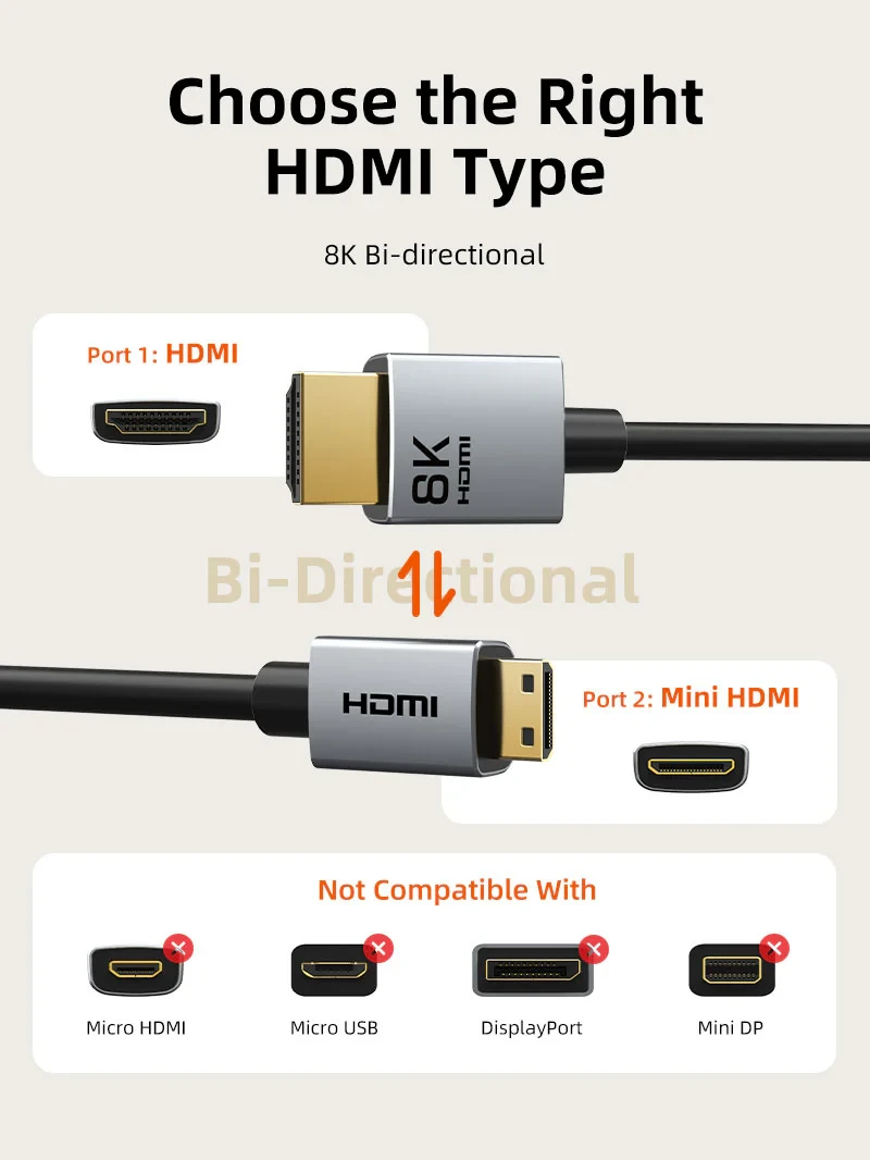 CABLETIME Cable 1M Mini HDMI Male to Male 8K60Hz Bi-Direction 10ft (CT-HDC8K-AG1) 2Y