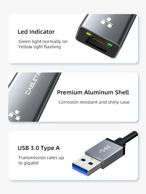 CABLETIME Gigabit Ethernet USB 3.0 Male to RJ45 Female Adapter 1000Mbps (CT-AML1000-AG) 2Y
